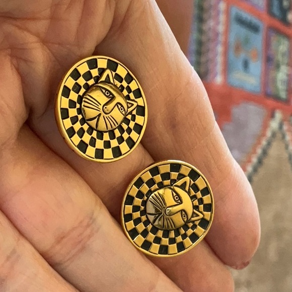 Laurel Burch Cat Face Checkered Background Circular Post & Clutch Vintage - Picture 1 of 8